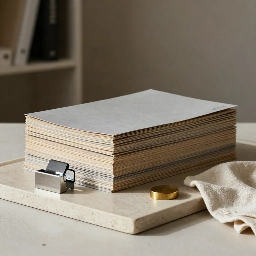 Clipped dossier sleeves, silver paperweight and brass seal on pale stone tray.