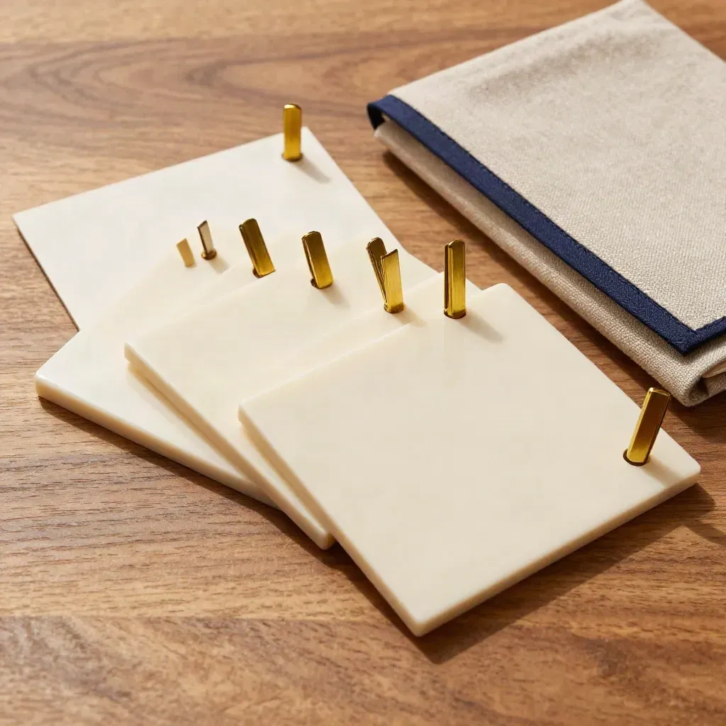 Blank task tiles, brass pegs, and linen folder on warm wood, softly lit from above left.