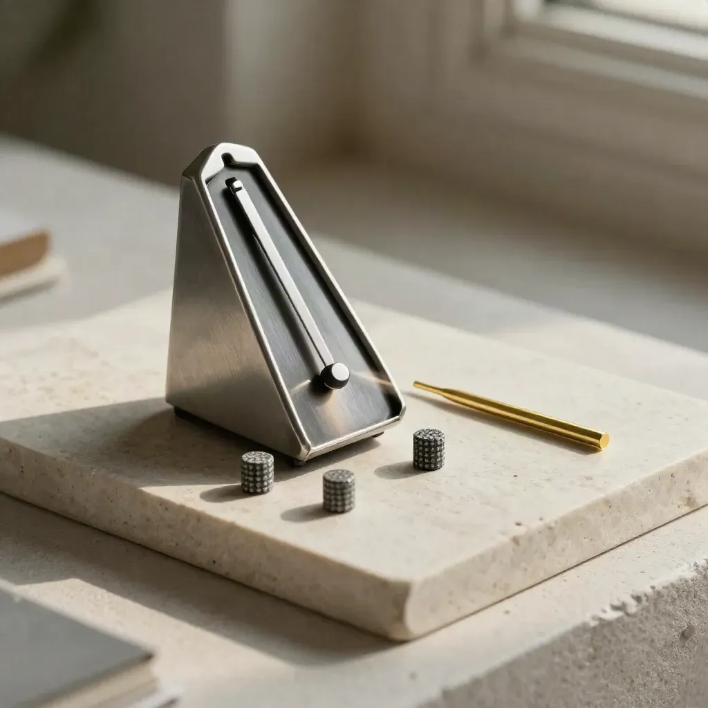 Brass marker, metronome, and check pegs on a pale stone tray with soft daylight.