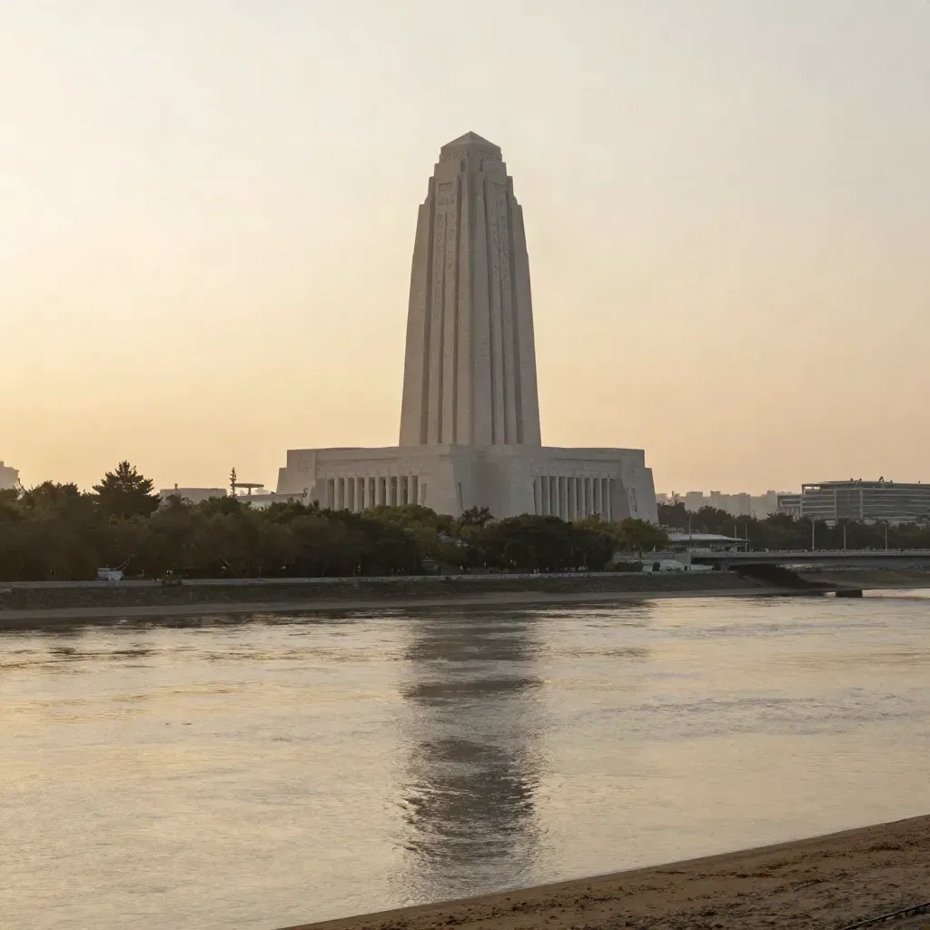 Golden-hour Mid-Atlantic waterfront with a pale stone landmark above calm reflective water