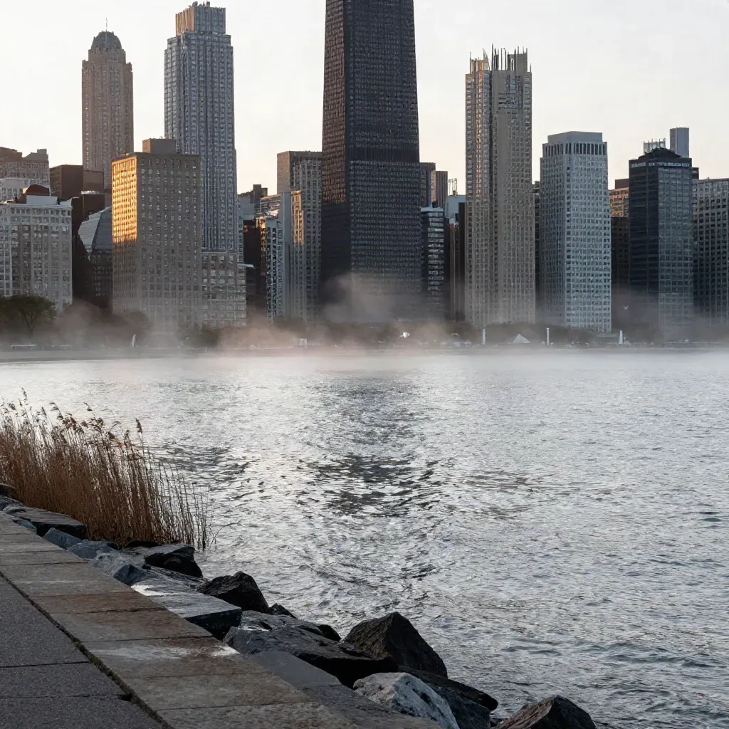 Chicago skyline over a misty silver Great Lakes shoreline with calm open water