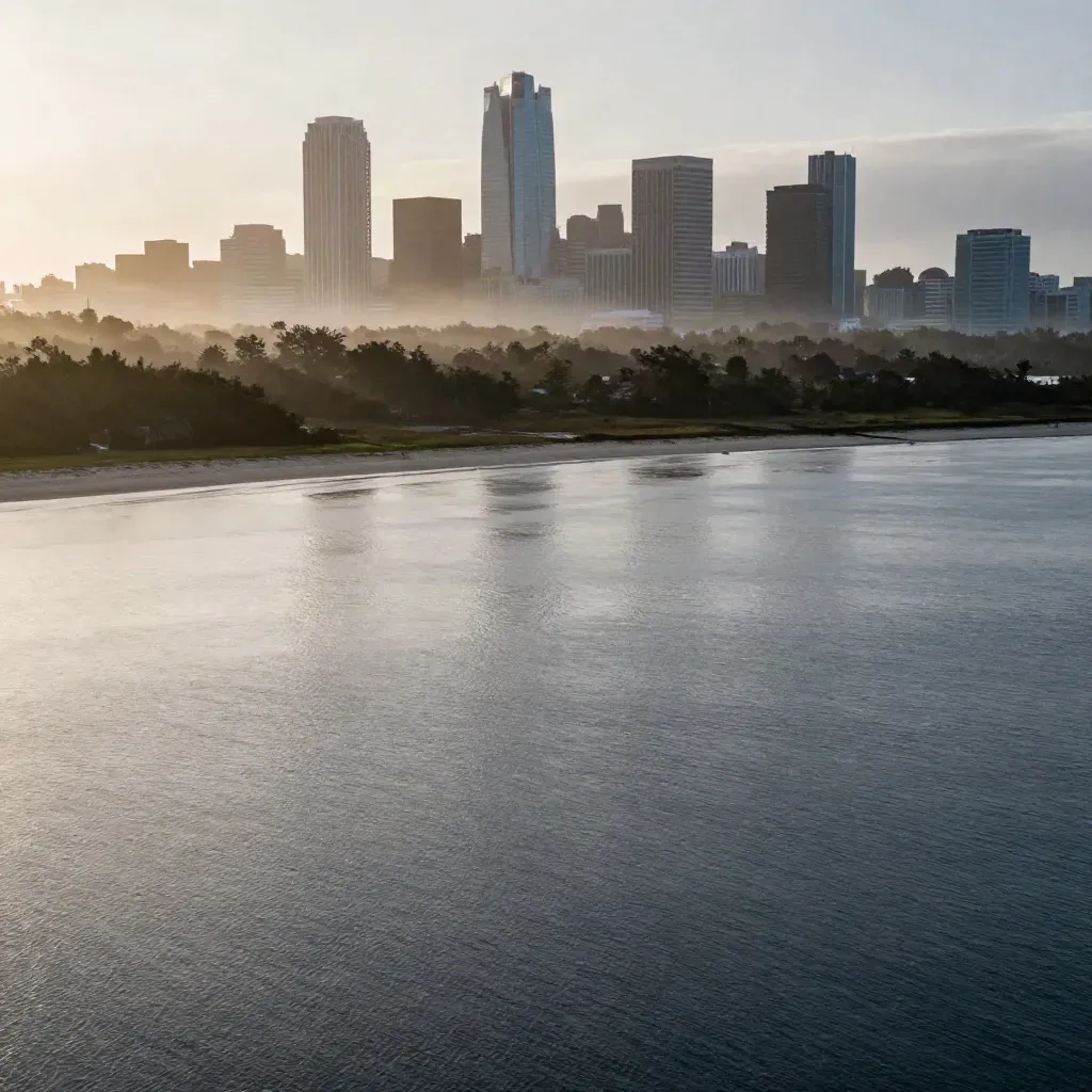 Post-rain South Atlantic bay with a distant glass skyline and calm haze.