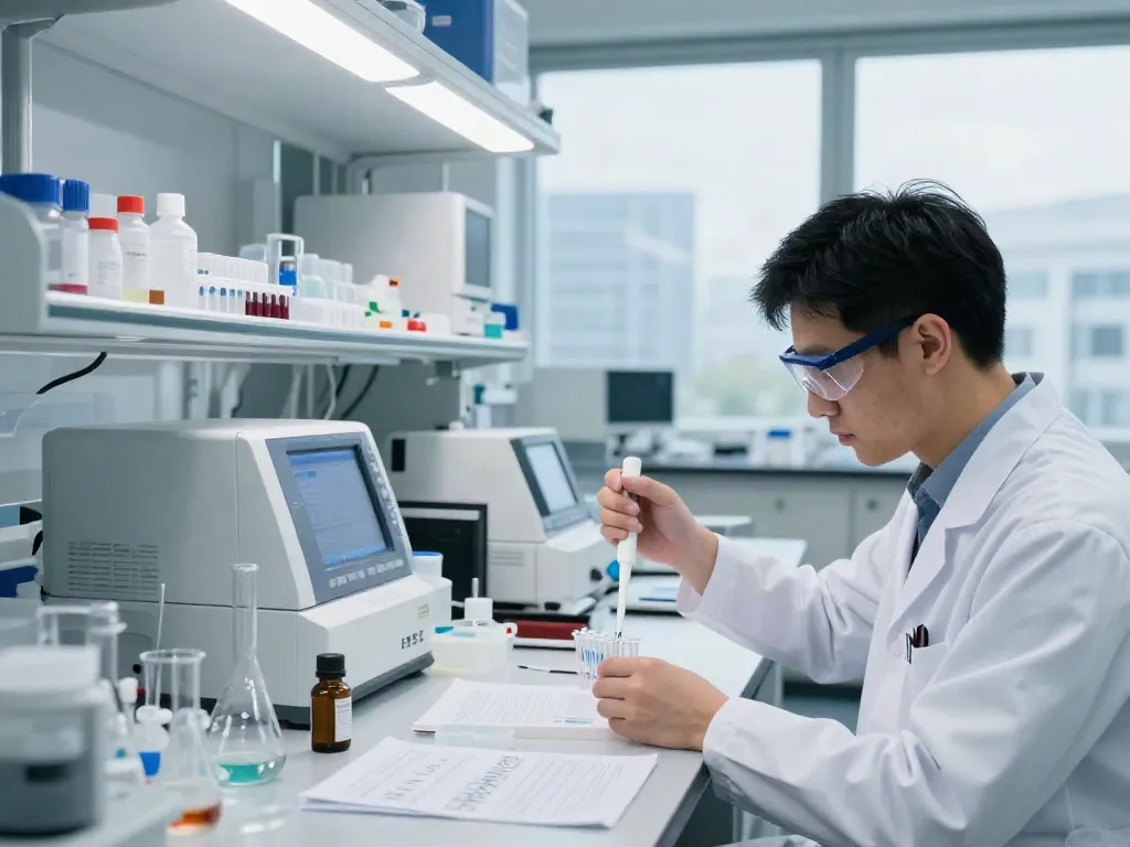 Scientist analyzing MT1 peptides in a modern research lab.