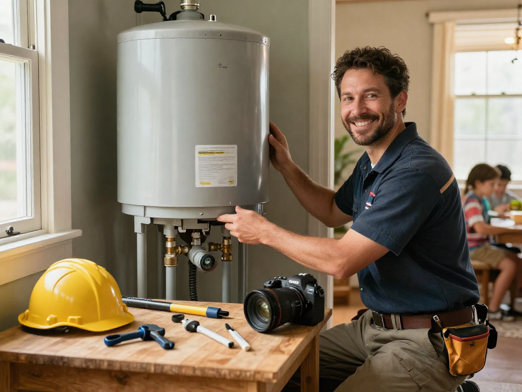 Plumber Fort Worth technician inspecting a water heater in a family home
