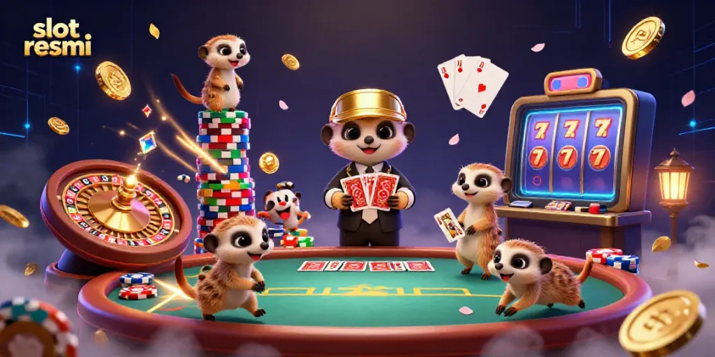 Experience the excitement of "slot resmi" with meerkats managing a dynamic casino scene rich with vibrant gaming elements.