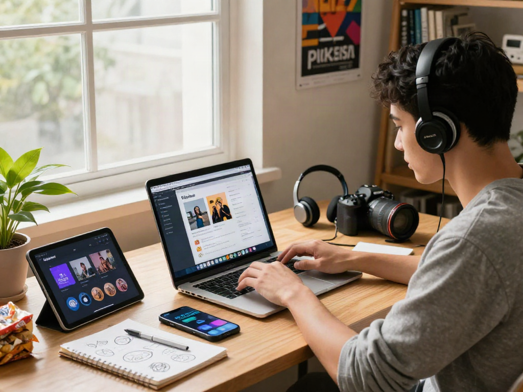 Pikashow app download activity in a modern home office with a laptop and streaming gadgets.