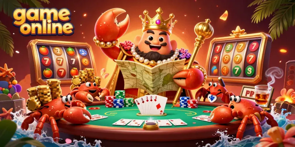 Play thrilling game online with a vibrant 3D golden crab emperor and colorful casino elements in a dynamic illustration.
