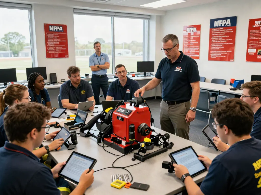 Engaged professionals in NFPA Certification Training interactive session with instructor and hands-on equipment