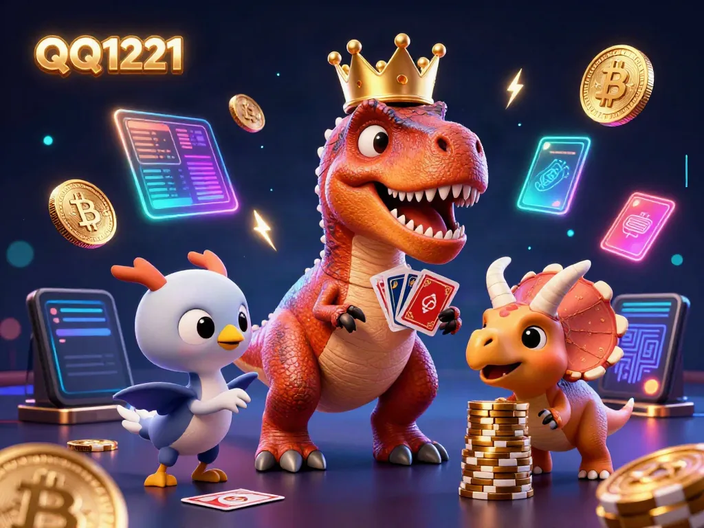Engage in thrilling action with QQ1221 as a T-Rex shuffles cards, backed by a pterodactyl and a chip-stacking triceratops.