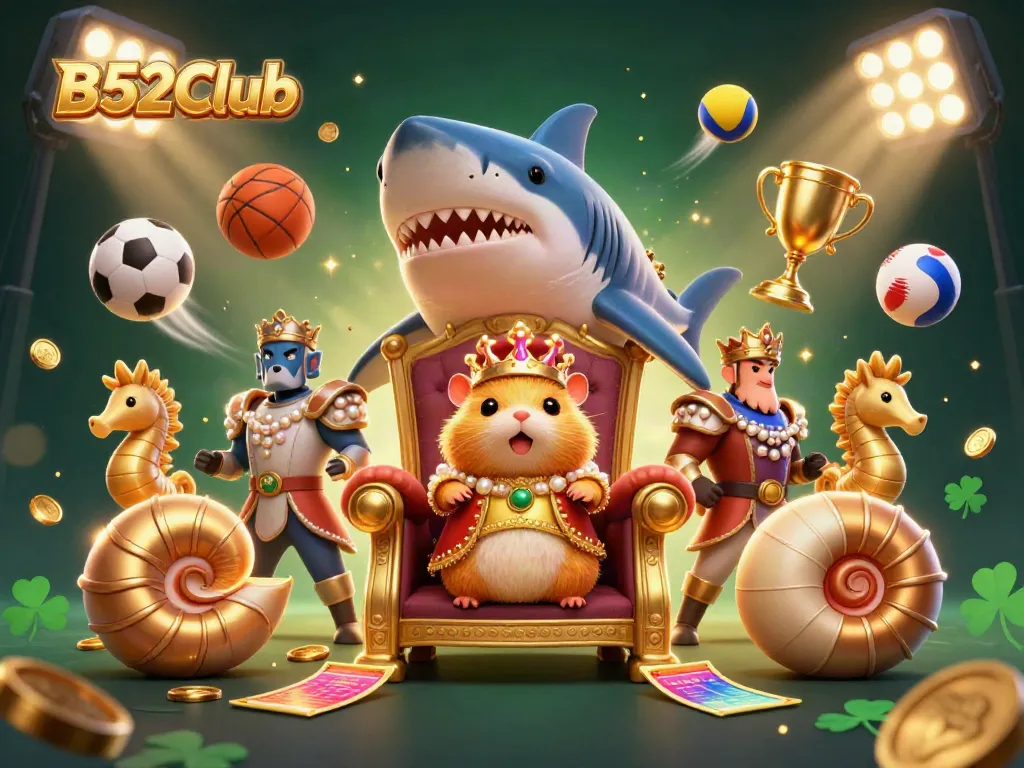 Engage with B52Club's vibrant gaming scene, featuring a golden hamster king with dynamic sports elements.