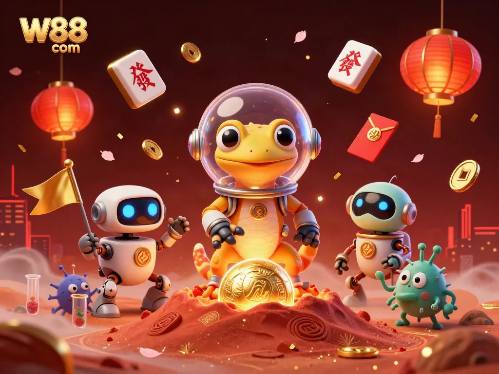 Win big at W88 com with a vibrant 3D illustration showcasing a Martian gecko exploring a golden casino.