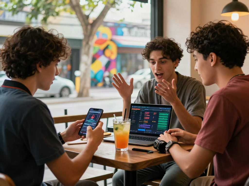 Friends enjoying kebuntoto digital betting while discussing strategies at a café