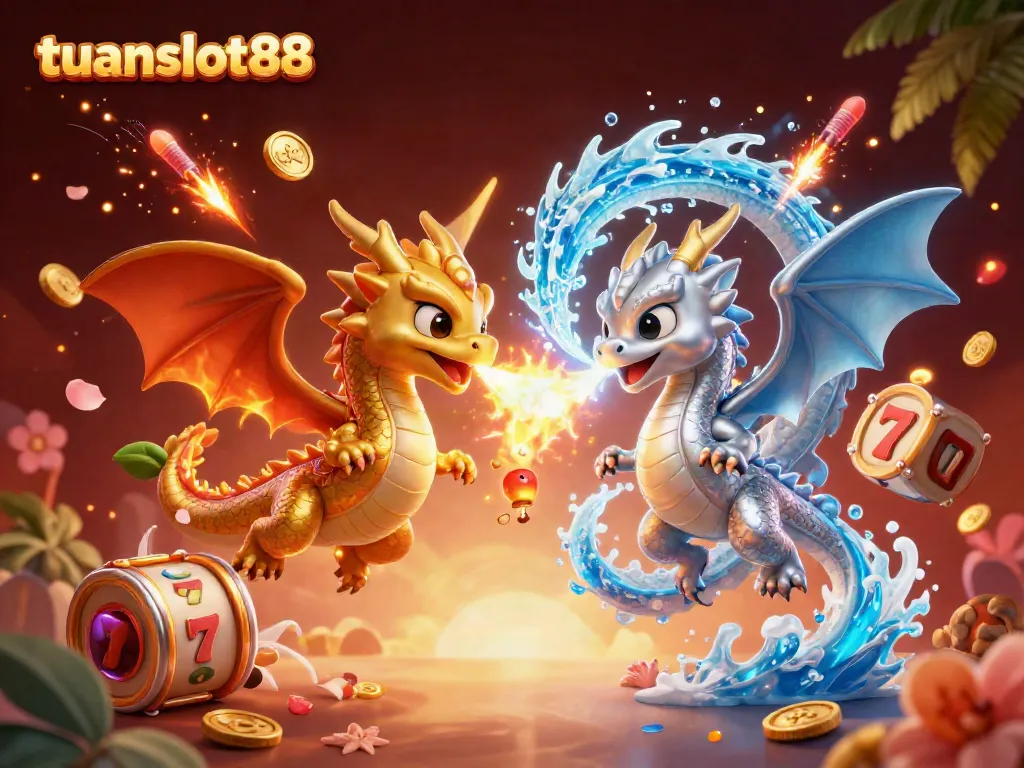 Tuanslot88 menghadirkan ilustrasi 3D dengan naga berwarna emas dan perak, gulungan slot, dan koin emas berputar.