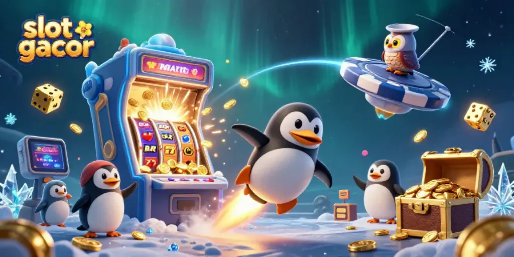 Experience thrilling wins in a vibrant slot gacor game scene with a golden penguin and jackpot excitement.