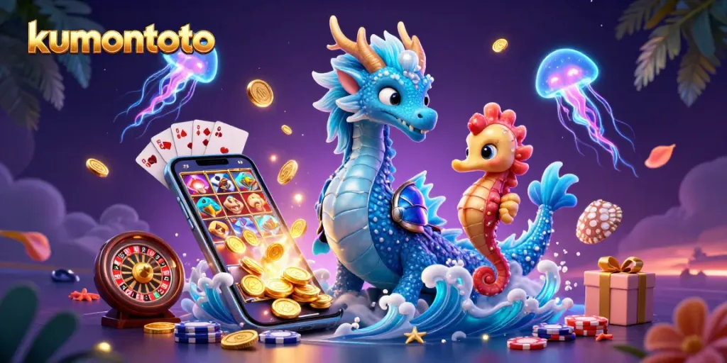 Kumontoto showcases a vibrant 3D illustration with a dragon, slot game action, and treasure elements.
