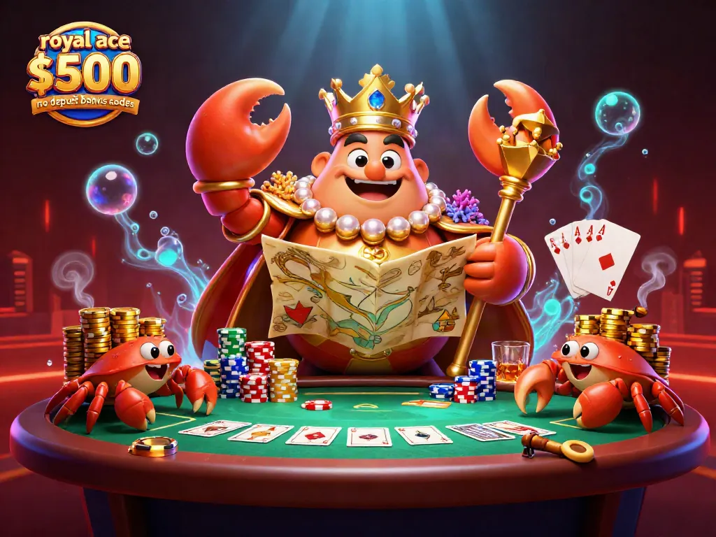 Engage with royal ace $500 no deposit bonus codes at a vibrant casino-themed scene featuring a golden crab emperor and poker elements.