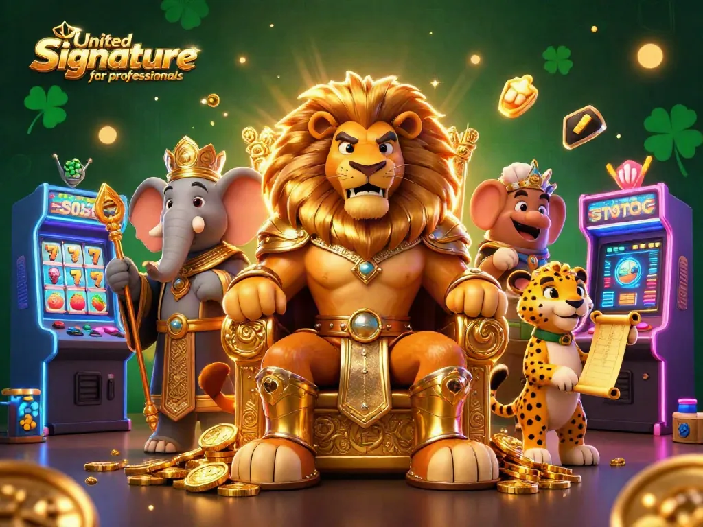 Capture the excitement of gaming with United Signature for professionals featuring a majestic lion king, elephant advisor, and cheetah messenger.
