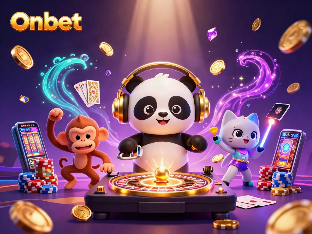 Onbet showcases a lively 3D scene with a DJ panda, breakdancing monkey, and rave kitten amidst casino excitement.