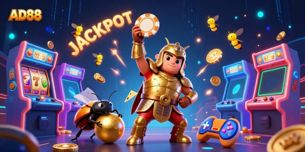 Experience the excitement of AD88 with a victorious beetle holding a poker chip, surrounded by colorful gaming elements.