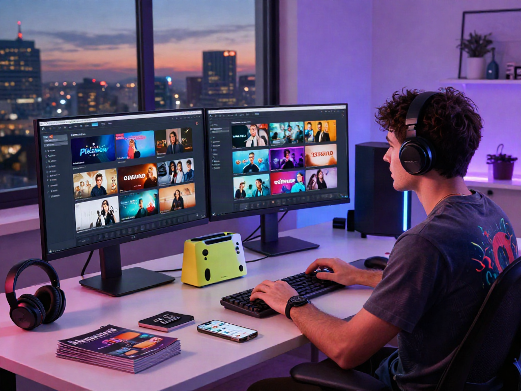 Pikashow app in action on multiple screens in a modern tech workspace, showcasing a user selecting shows.
