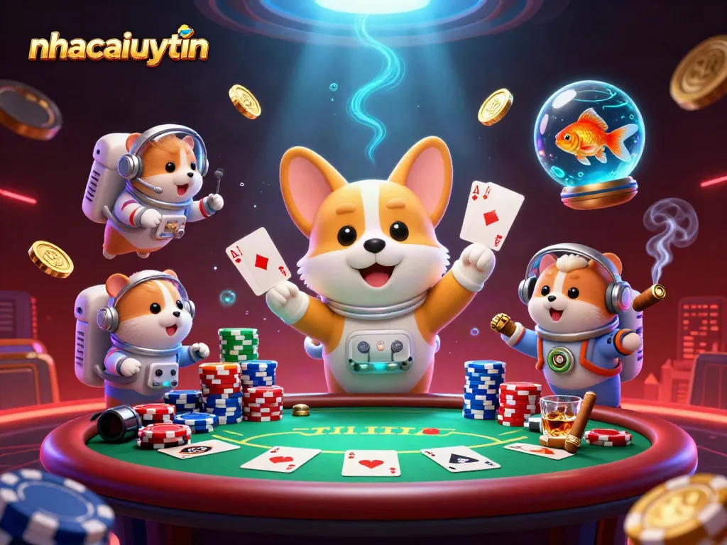Experience the vibrant action of nhacaiuytin in a cosmic casino, showcasing playful characters amidst floating poker chips and coins.