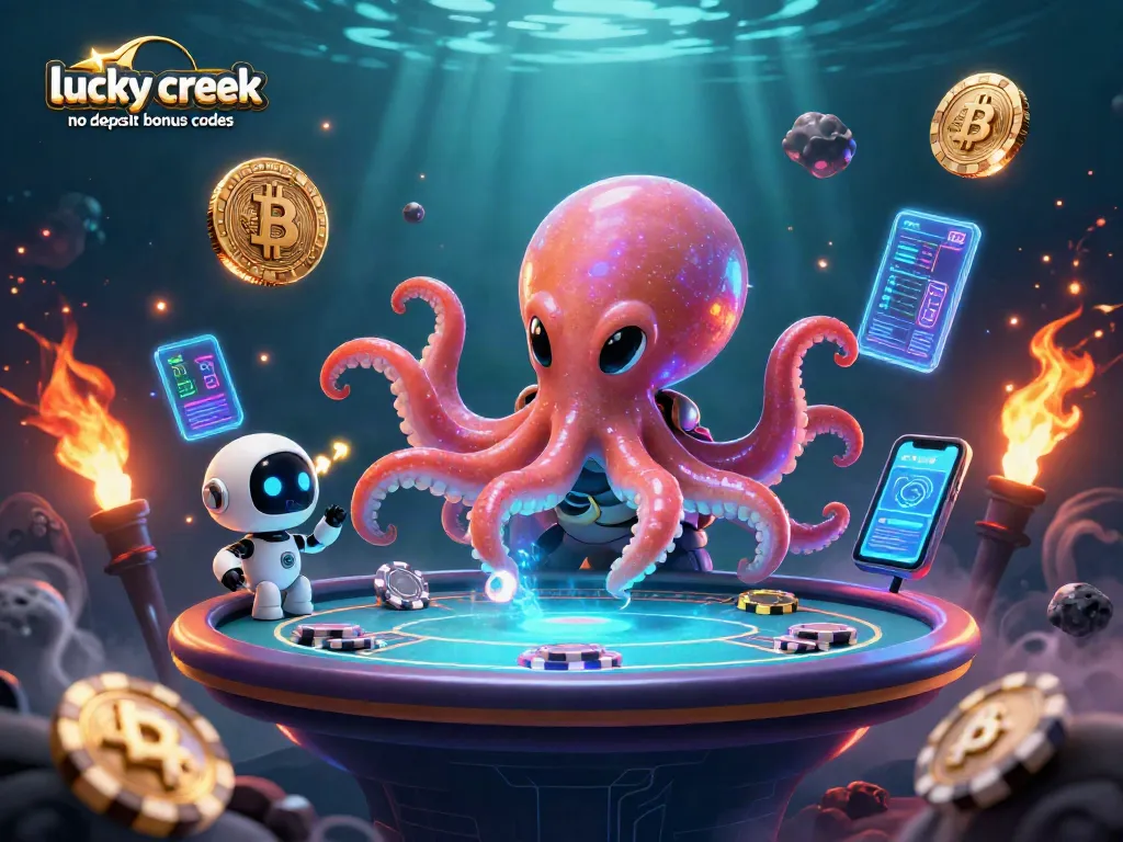 Win big with Lucky Creek no deposit bonus codes while playing at a futuristic poker table.