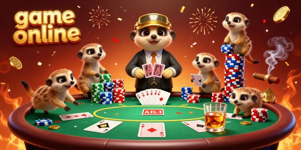 Play engaging game online with dynamic meerkat casino scene filled with vibrant poker elements.