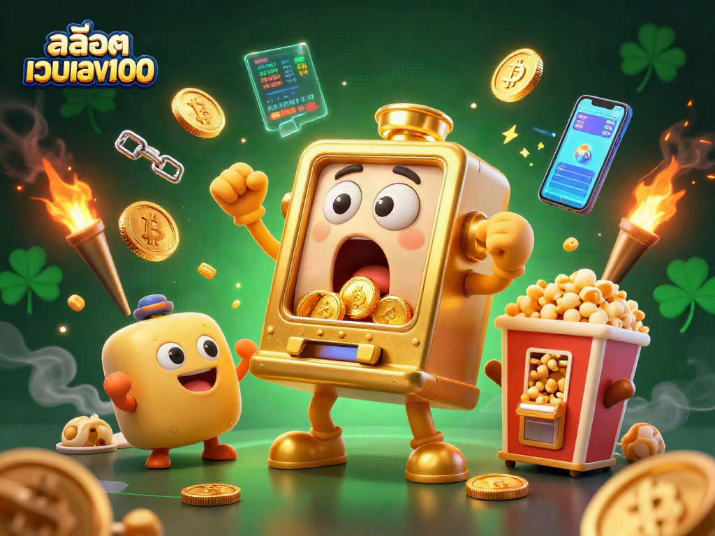 Experience the excitement of สล็อตเว็บตรง100 with a golden slot machine hitting a jackpot while baby slots cheer around it.