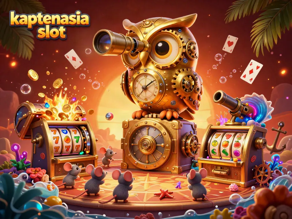 Memperlihatkan permainan kaptenasia slot dengan burung hantu emas dan mesin slot berkilau