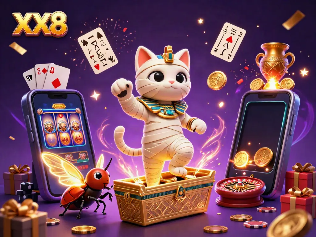 XX8 casino magic illustrated as an Egyptian mummy cat and glowing scarab in a pyramid with games.