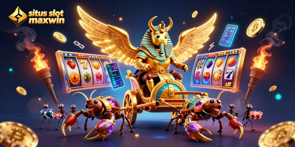Spin to win with situs slot gacor maxwin, showcasing a golden beetle and jackpot symbols in an engaging casino scene.