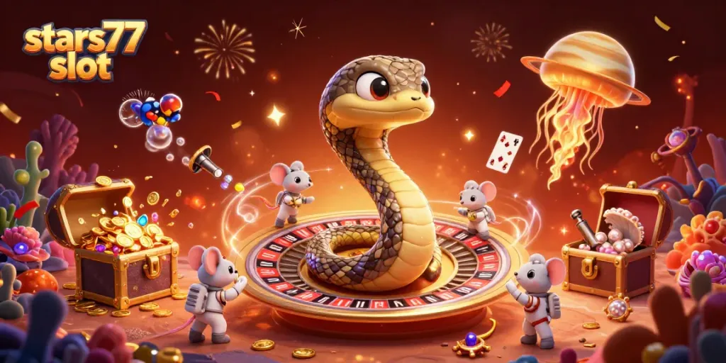 Memainkan slots di stars77 slot dengan karakter kartun, dikelilingi harta karun dan efek cahaya