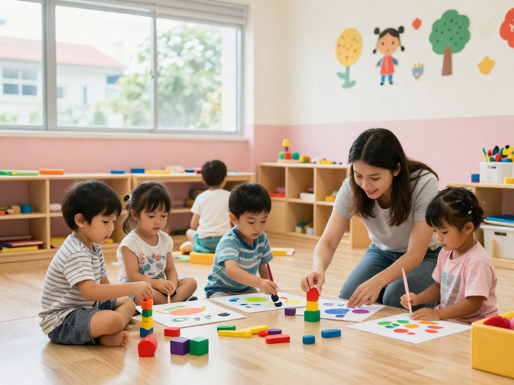 Children engaging in learning activities at a Reggio Emilia Preschool Singapore, fostering creativity and collaboration.