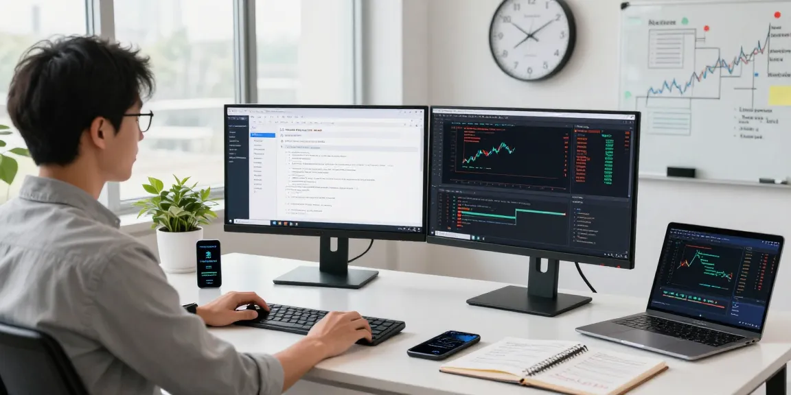 Dynamic workspace showcasing HK stock WebSocket API trading setup with live charts and coding environment.