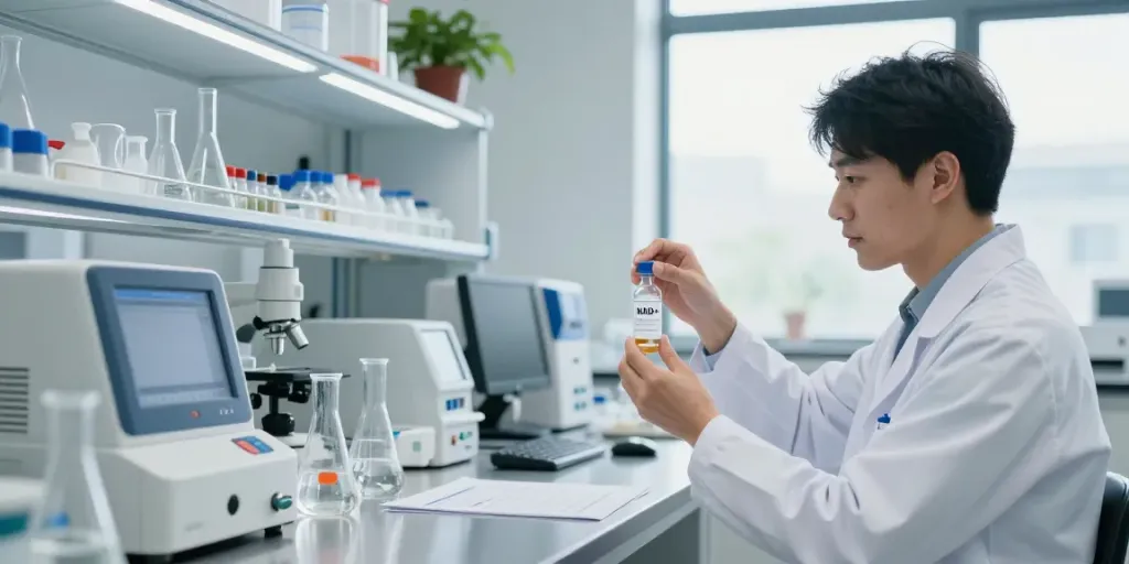 NAD research compound for sale in a bright laboratory setting, with a researcher examining a vial.
