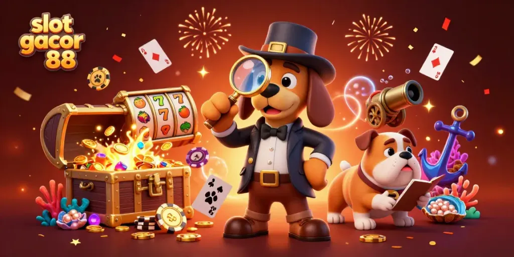 Engaging 3D cartoon illustration showcasing "slot gacor 88", highlighting a detective bloodhound exploring poker clues.