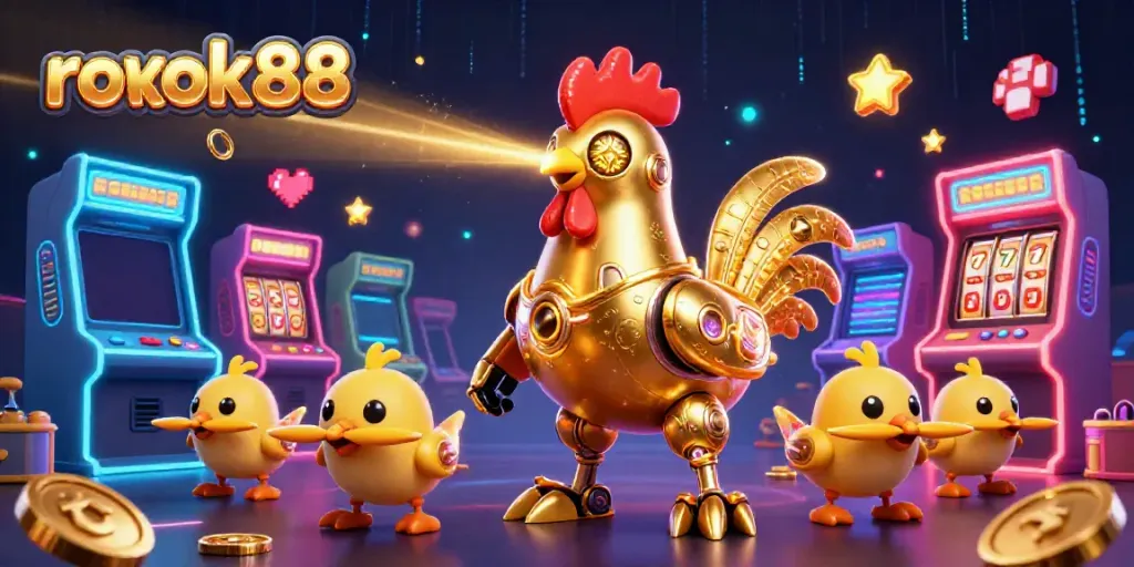 rokok88 menghadirkan ilustrasi menarik dari robot ayam emas yang beraksi di permainan slot