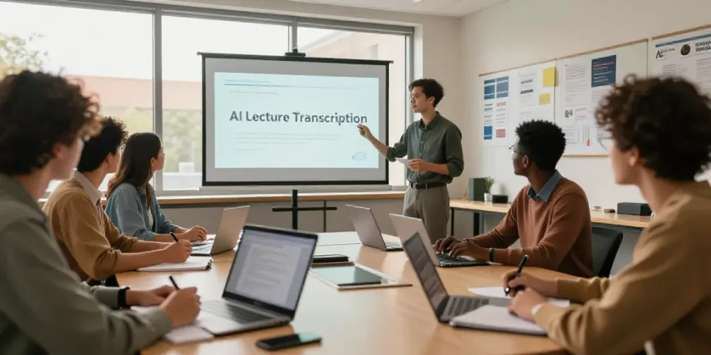 Students collaborating in a modern classroom using AI lecture transcription tools for effective learning.