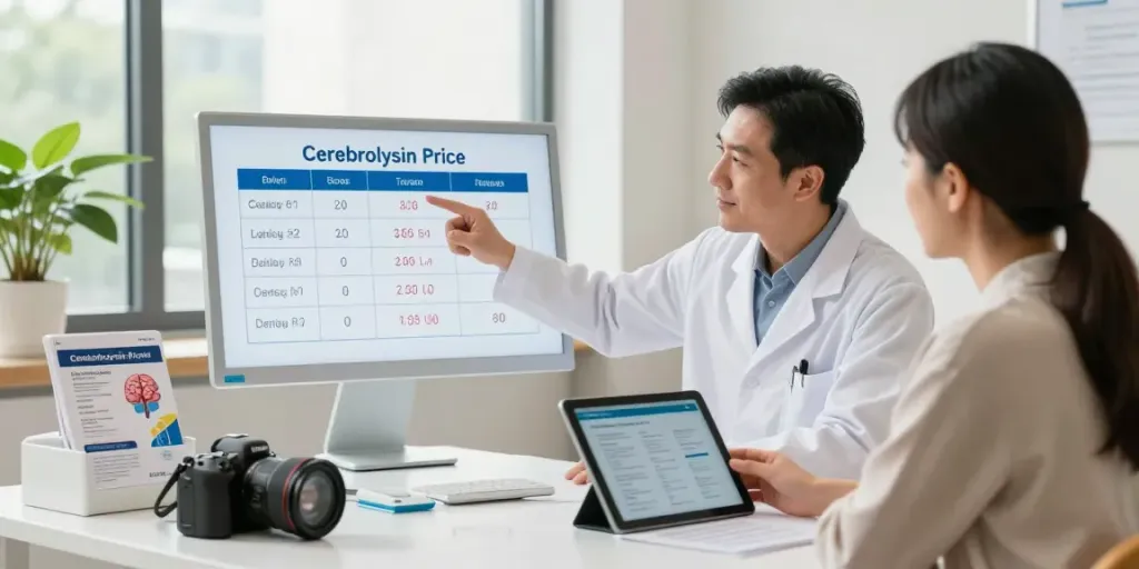 Cerebrolysin price discussions in a modern clinic showing healthcare professional with patient.