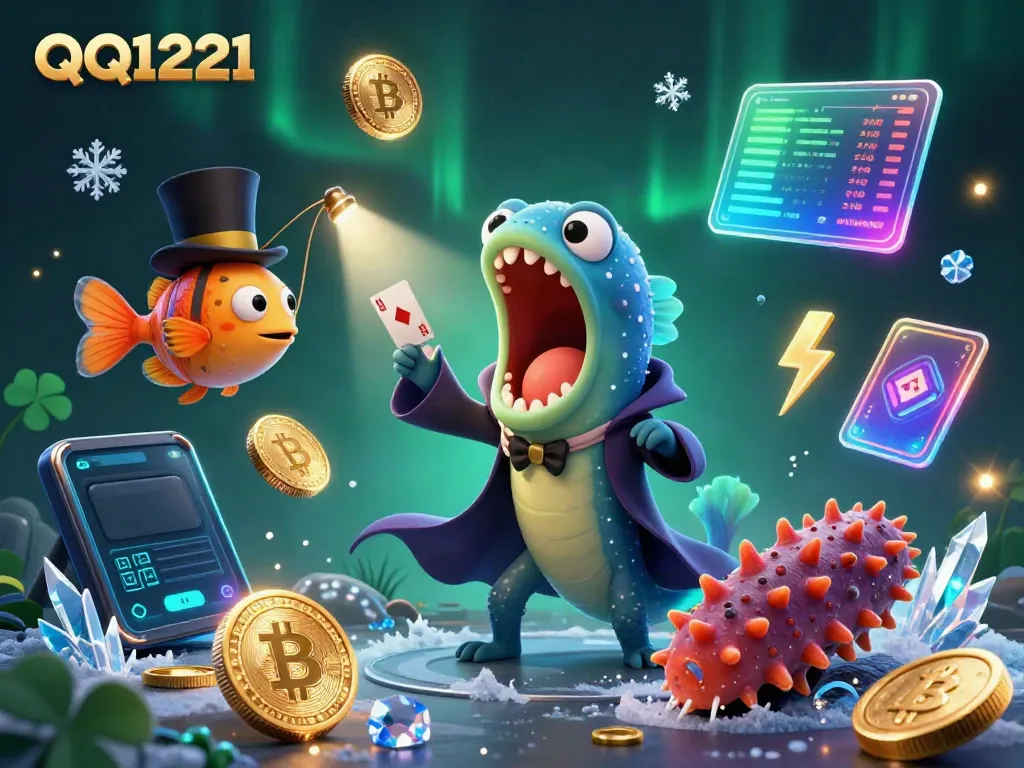Engage with QQ1221 as a whimsical bioluminescent eel performs card tricks amid vibrant casino elements.