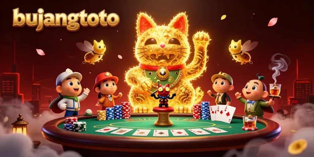 Experience excitement at bujangtoto with dynamic poker action and a whimsical lucky cat illustration.