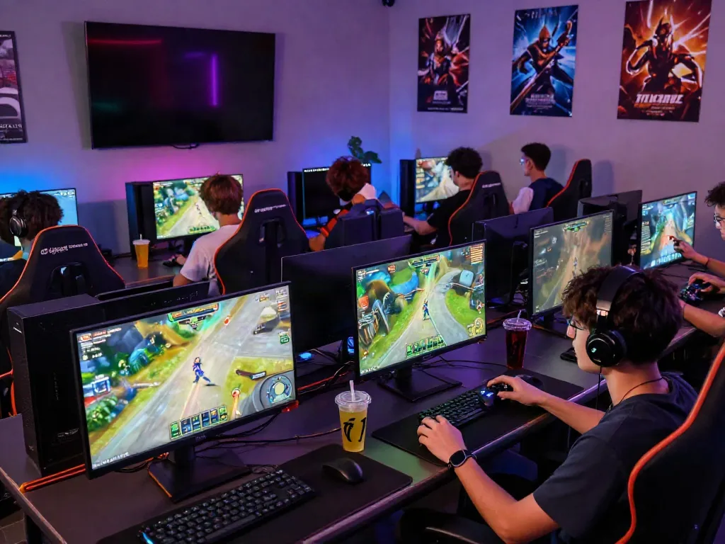 Bro138 online gamers engaged in an immersive digital experience with vibrant lighting and modern gaming setups.