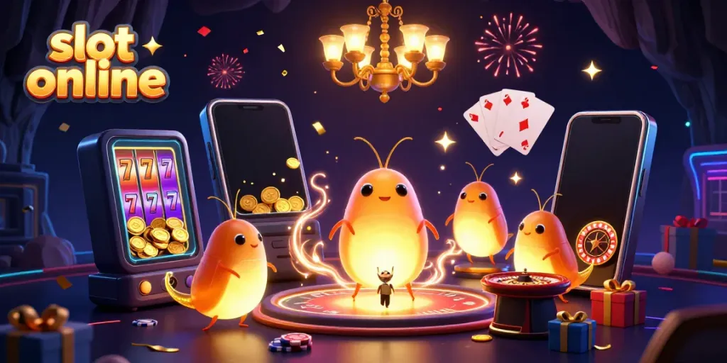 Experience thrilling moments with slot online featuring animated glowworms lighting up a cave casino.