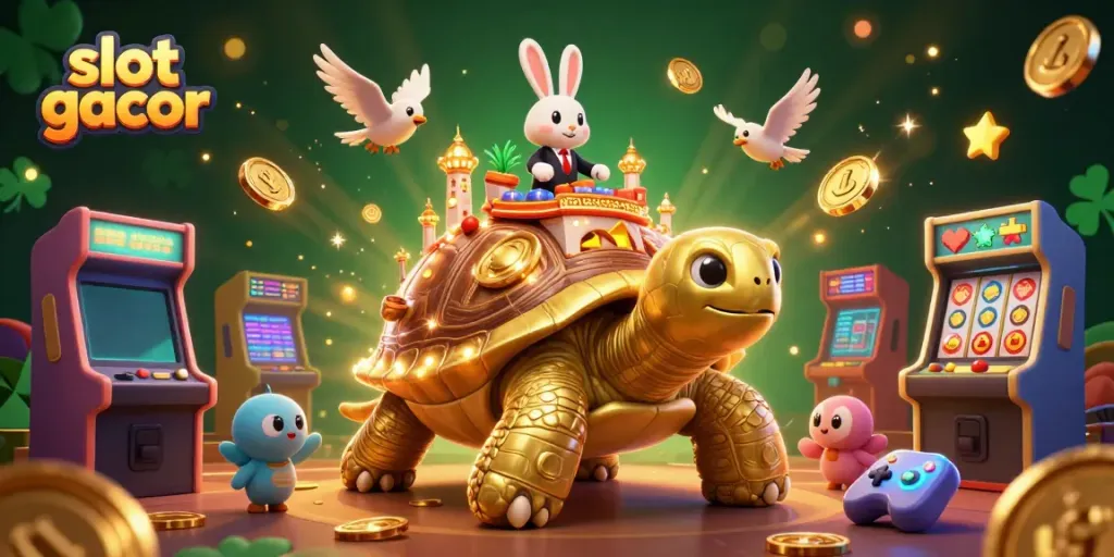 Spin the reels in the vibrant world of slot gacor with a golden tortoise casino and a lucky dealer.