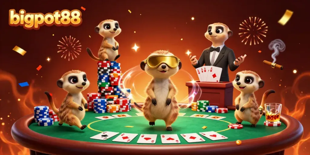 Mengamankan chip di bigpot88 dengan koloni meerkat dan suasana kasino yang meriah.
