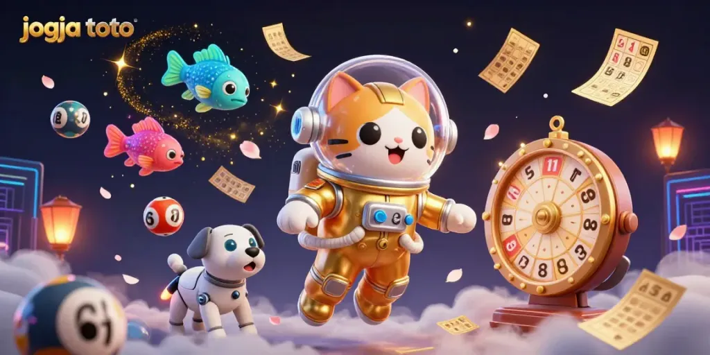 Experience the vibrant world of jogja toto with animated lottery elements in a captivating 3D art scene.