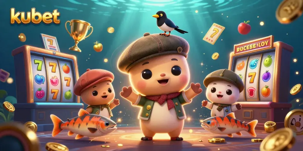 Experience thrilling kubet slot games with a playful baby Nessie and exciting gold coins.