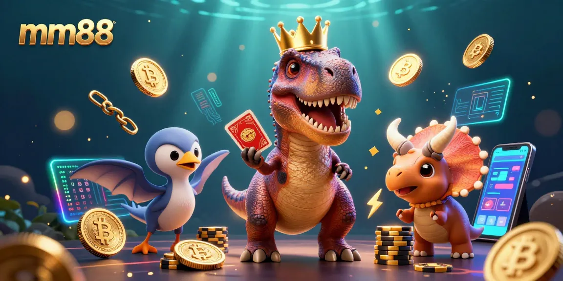 mm88 showcases a dynamic casino scene featuring a T-Rex and friends playing cards and stacking chips.