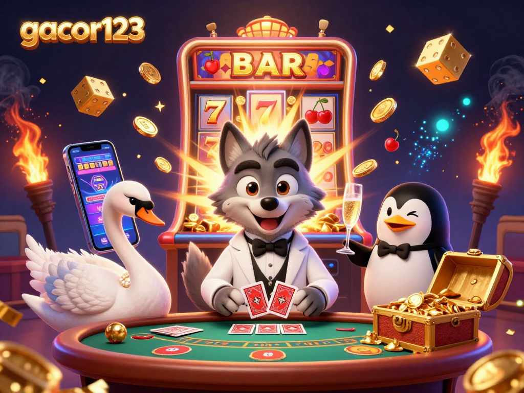 Join the exciting world of gacor123 with vibrant characters at a digital casino jackpot.