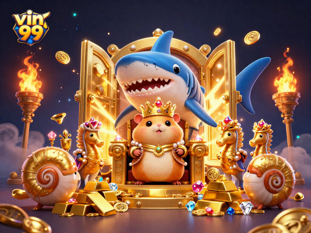 Experience thrilling gameplay at vin 99's casino with vibrant characters and gold treasures.